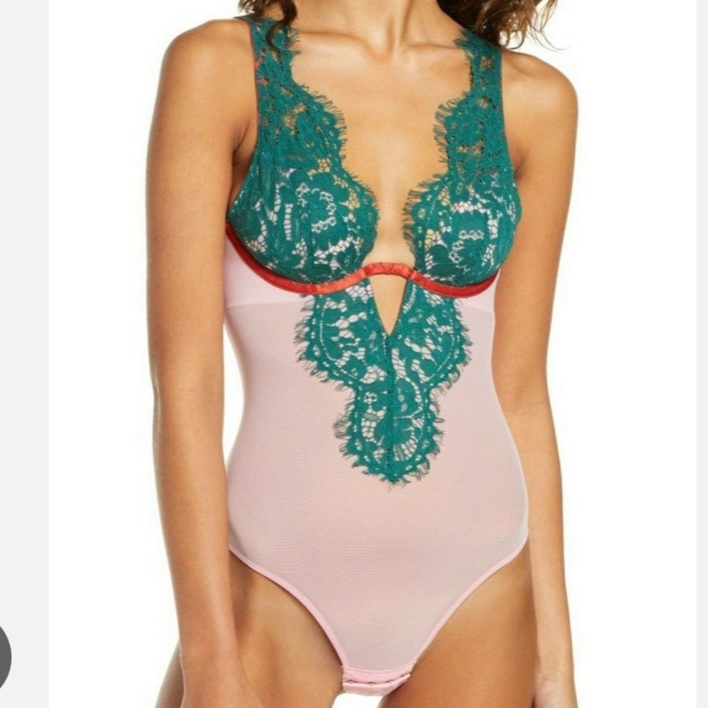 Elegant Lace Bodysuit in Pink and Green